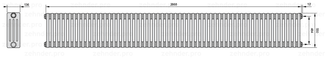 Схема (чертеж) Радиатор Zehnder Charleston 4055/58 №7610 Белый глянцевый RAL 9016